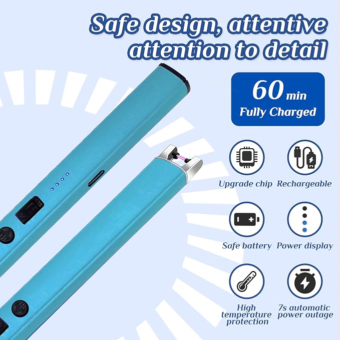2 PCS Candle Lighter,Windproof Flameless Electric Lighter with LED Power Display ＆ Safety Switch, Upgraded Plasma USB Rechargeable Lighters for Birthday Camping BBQ (Blue)
