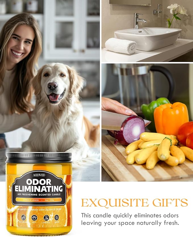 AOOVOO Citrus Lemon Odor Eliminating Highly Fragranced Candle - Eliminates 95% of Pet, Smoke, Food, and Other Smells Quickly, Non Toxic Air Freshing Soy Candle, 9 oz Up to 50 Hours Burn time