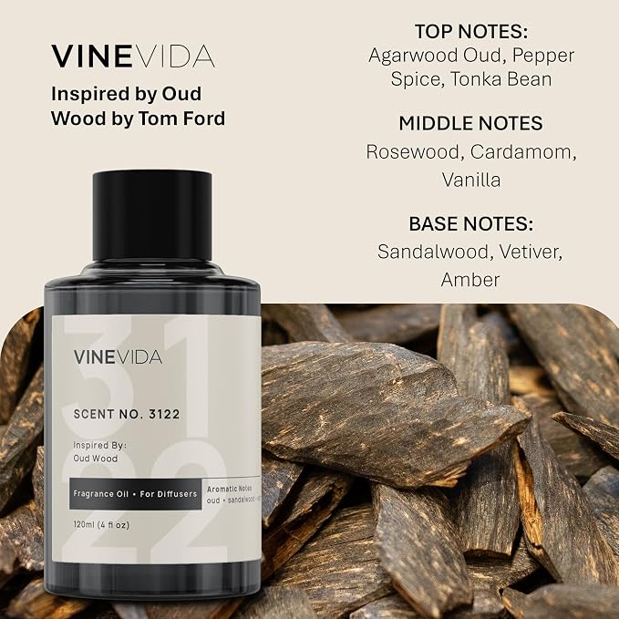 VINEVIDA [4 Oz] Inspired by: Oud Wood; Diffuser Oil Refill | Premium Scent Diffuser Oil for Home | Non-Toxic Fragrance