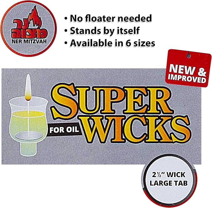 Ner Mitzvah Self Standing Cotton Wicks for Glass Oil Cup, Large Tabs, 2.5 inch Wicks, No Floater Needed, for Candle Lighting, Multipurpose (Pack of 50)