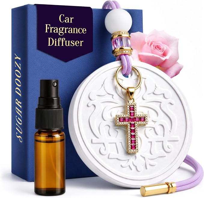 Luxury Car Air Freshener for Women - Refillable & Portable Essential Oil Fragrance Diffuser - Cute Car Accessories & Interior Decor - Mirror Hanging or Vent Clips - Rubies Cross Charm, Rose Scent