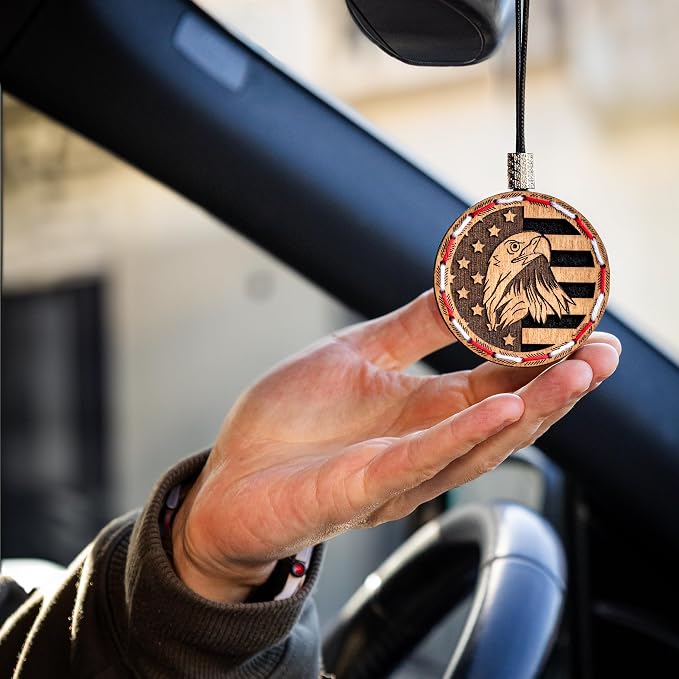 Handmade Wood Car Air Freshener — American Flag Design - Unscented Hanging Diffuser — Refillable Essential Oil Diffuser for Car — Add Your Own Fragrance Oils — Car Accessory Gift
