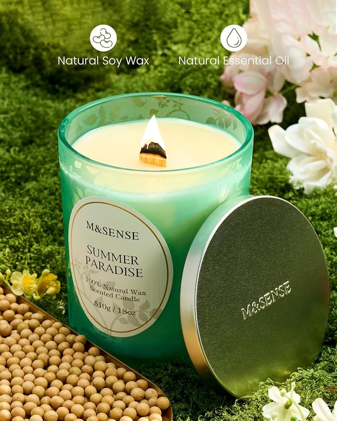 M&SENSE Summer Paradise Scented Candle | Cracking Wooden Wick, Soy Wax, 18oz, 100 Hours Long Lasting, Non-Toxic Aromatherapy