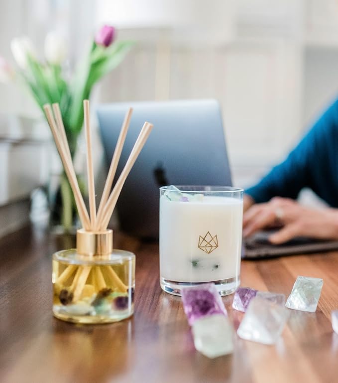 Luxury Glass Jar Candle, 14.5 OZ, Focus - Fluorite Crystal Infused - Scents of Orange, Ginger, Ylang-ylang, & Lavender - Awareness, Mental Order, & Clarity - Coconut Wax Blend