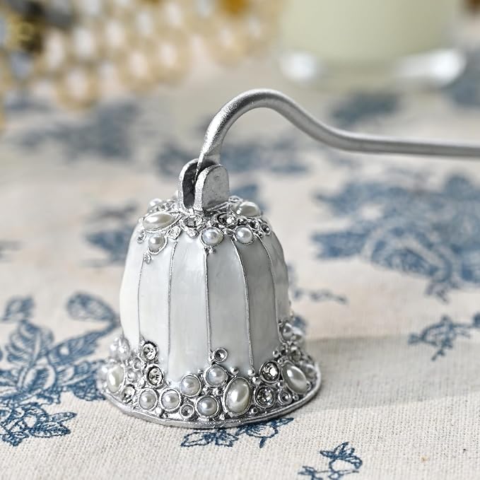 Elegant Royal-Style Candle Snuffer with Pearl Inlay, Metal Handle for Safe and Stylish Candle Extinguishing (Elegant Silver)
