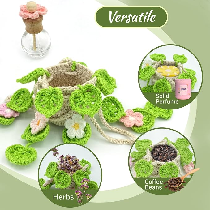 Crochet Car Air Freshener, 15ml Empty Refillable Oil Diffuser Bottle with Hanging Crochet Flowers Plant for Car Rearview Mirror Decor Air Freshener Diffuser for Home, and Office Decor(Flowers)