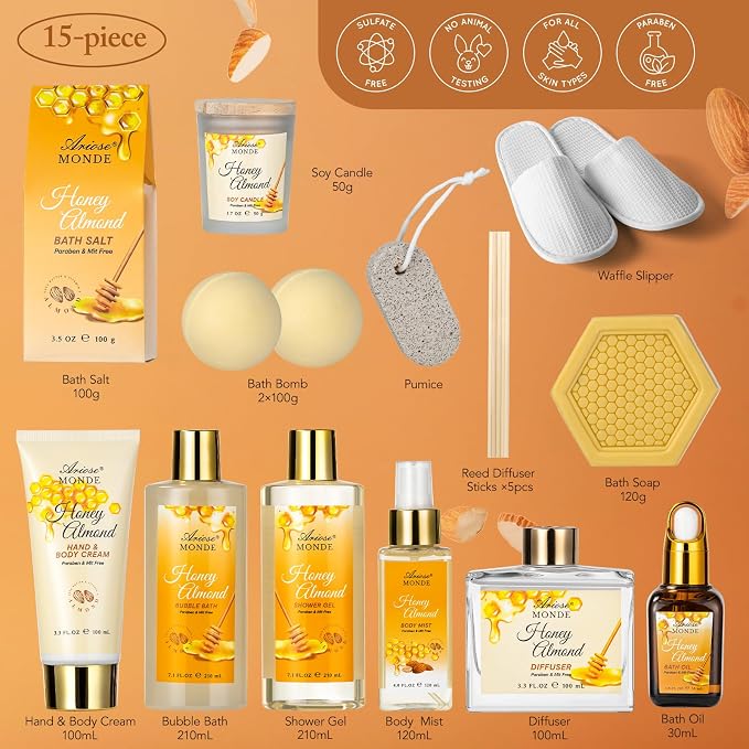 Bath & Body Gift Set, 15 Pcs Honey Almond Scented Bath Set, Home Spa Bath Gift Basket Pamper Gifts for Women Her Mom Friends Sister, Relaxing Spa Gift Baskets for Women Self Care Package