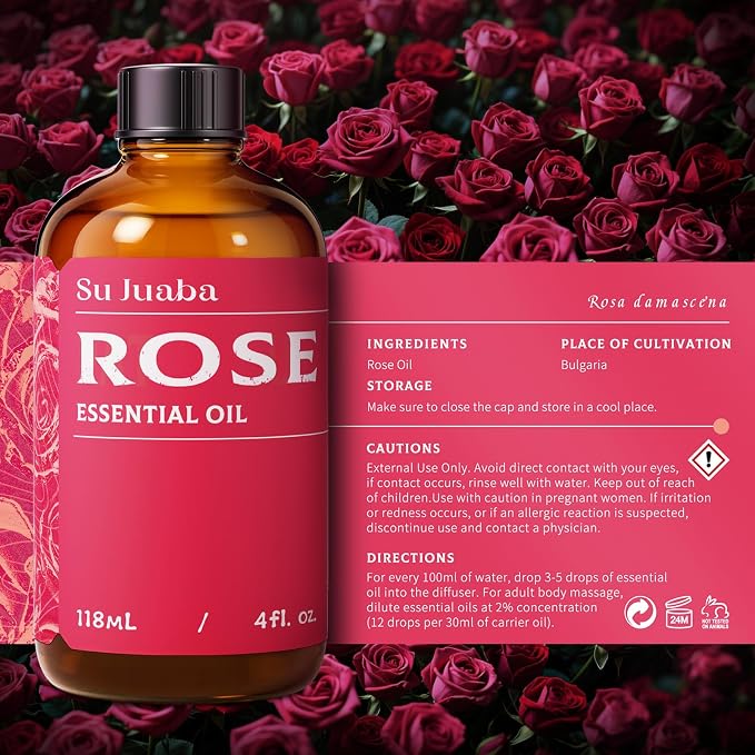 SU JUABA Rose Essential Oil 4 Fl Oz, Rose Oil for Face, Skin, Hair, Diffuser, Aromatherapy -118ml