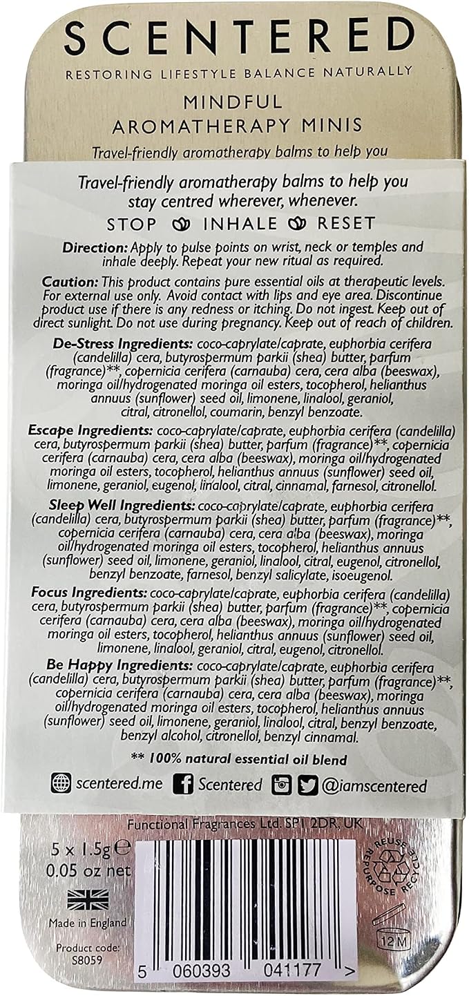 Scentered Aromatherapy Gift Set, Mini Roll On Essential Oil Balms for Mood Boost, Focus, Stress-Relief, Calm, Sleep - Set of 5 Premium Blends - Aromatherapy Gifts for Women