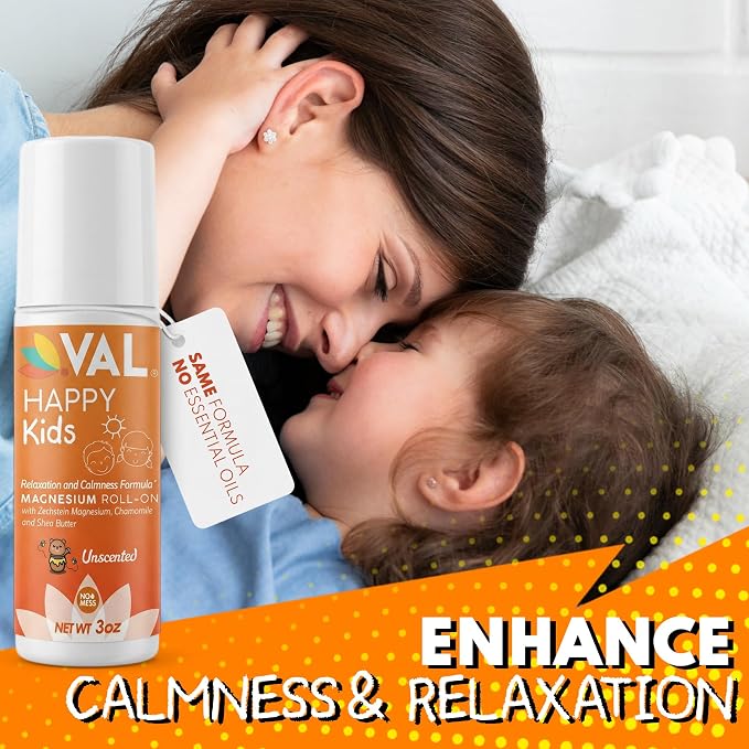 VAL Happy Kids Unscented Magnesium Roll-On, Relaxation & Calm Formula for Kids, Zechstein® Magnesium with Chamomile & Shea Butter, Fragrance-Free, 3 oz