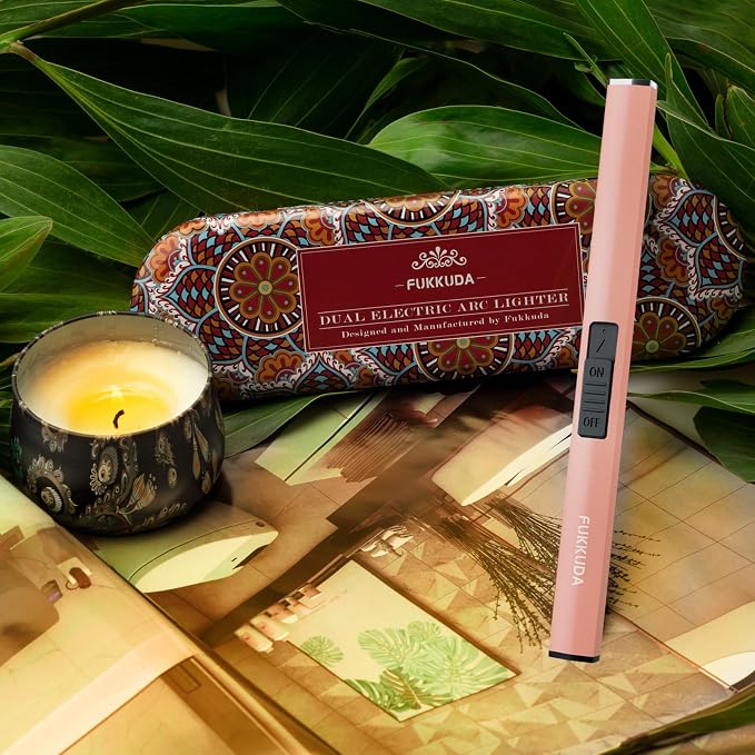 FUKKUDA Electric Candle Lighter with Gift Box - USB Rechargeable Windproof & Flameless Plasma Arc Lighter for Candles, Bohemia Box Rose Gold