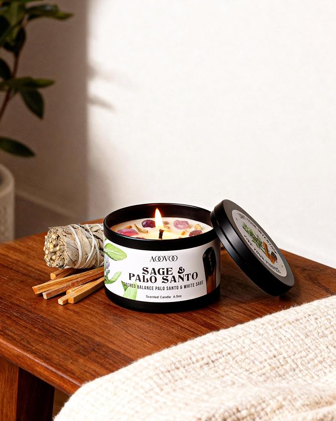 AOOVOO 2 Pack Sage & Palo Santo Candles – Cleansing Candle with Crystals, Sage Leaves & Palo Santo Wood, 13oz 100 Hours Long Lasting, Non Toxic Candle for Spiritual Energy Cleansing Meditation Yoga