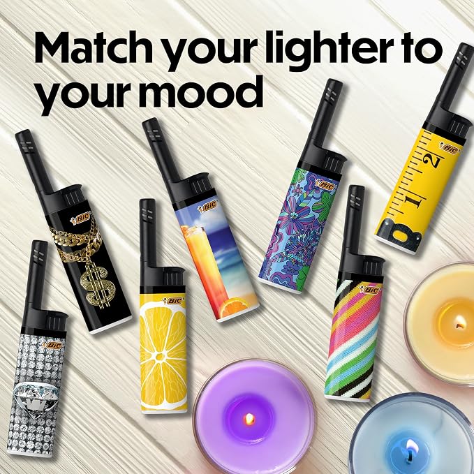 BIC EZ Reach Lighters, Reliable Candle Lighter with Safe Extended Wand, Assorted Designs, 6-Pack (Designs May Vary)