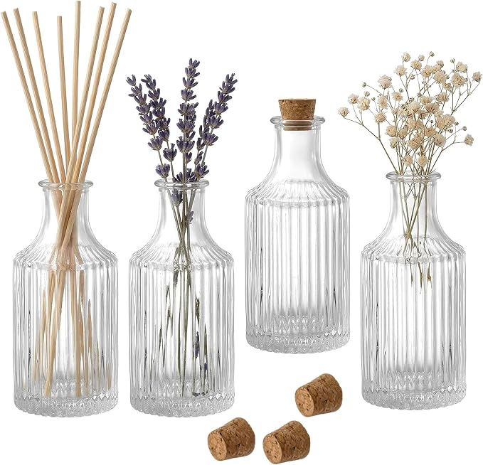 MyGift Small Clear Glass Reed Diffuser Bottles with Cork Lids, Vintage Fluted Flower Bud Vase Style, Refillable Home Fragrance Containers, Set of 4