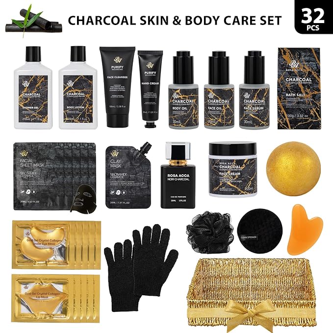 Gifts for Women & Men, Gift Basket for Women & Men, 32 Charcoal Bath & Body Gifts Basket Set, Hydrating Face Skin Care Gift Set, Self-Care Relaxation Gift Kit, Birthday, Christmas, Anniversary, Dad