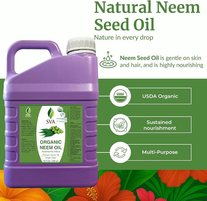 SVA Neem Seed Oil Organic - 32 Fl Oz – 100% Natural Cold Pressed Organic Neem Oil - for Face, Skin Care, Hair Care, Scalp Massage & Body Massage – Carrier Oil with Dropper