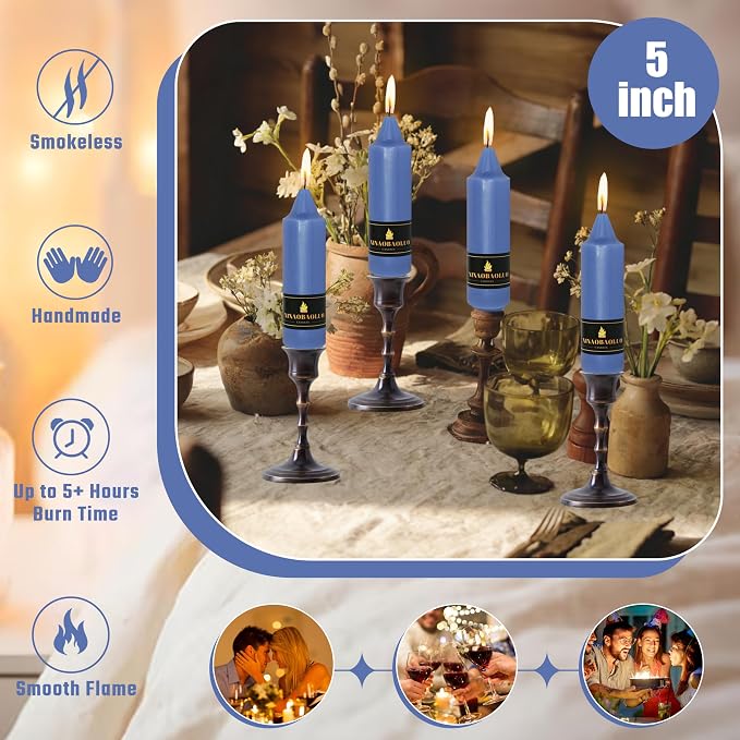 5 inch Short Taper Candle 4 Pack Handmade Haze Blue Candles Unscented Smokeless Pastel Candlesticks for Holiday Wedding Dinner Party Seasonal Celebration Birthday Home Decoration