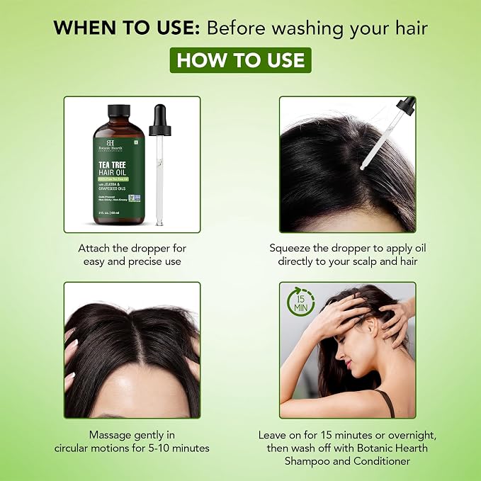 Botanic Hearth 100% Pure Tea Tree Hair Oil For Hair Growth & Hair Treatment Oils 2 Fl Oz | Infused with coconut Oil | Hair Oil Repairs Dry Damaged Hair, Strengthening, Healthier | All Hair Types