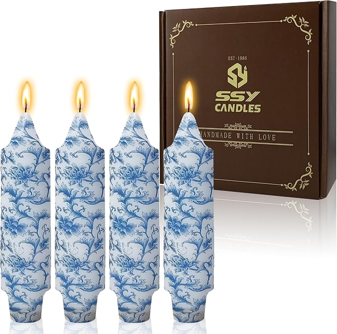 5 Inch Blue Flowers Chunky Taper Candles Short Handmade Blue and White Candle Sticks Smokeless Unscented Tapered Candles for Blue Wedding Present Spa Meditation Housewarming Home Decoration