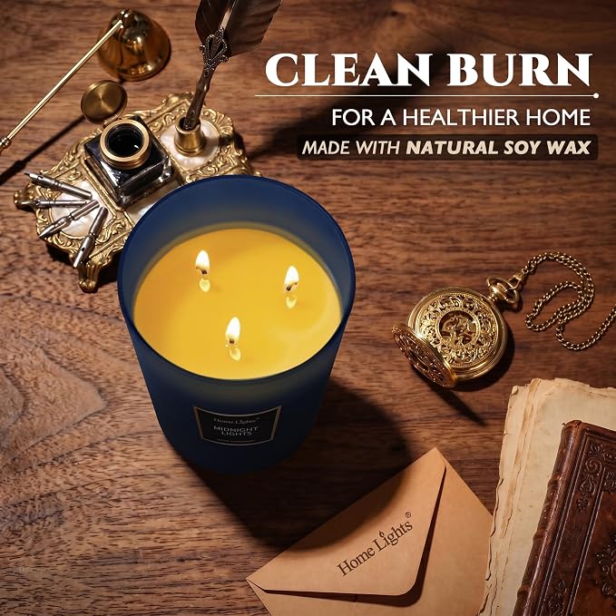 HomeLights Highly Scented Soy Candles Big 33.3 oz for Home. 3 Cotton Wicks, Smokeless Long Lasting 130 hrs in Midnight Lights. 5x6, Great Gift for Women & Men
