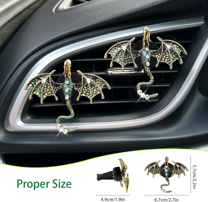 ORIESSE Dragon Car Accessories 2pcs Bling Dragon Car Air Freshener Vent Clips Cute Alloy Dark Green Enamel Wyvern Vent Clip Decorations Refillable Essential Oil Diffuser