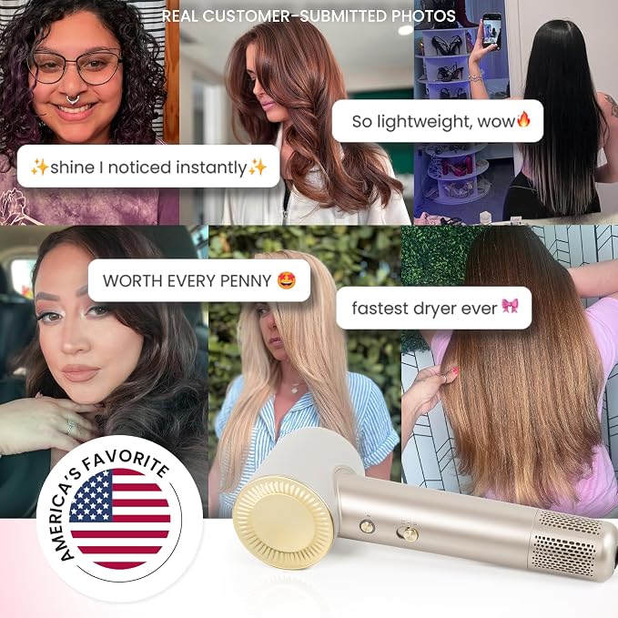 ELLA BELLA® Compact Plasma Hair Dryer, Advanced Plasma Technology Blow Dryer with Digital Display, Rapid Drying, Low Noise, & Luxury Velvet Travel Bag - Includes Diffuser & Nozzle- for All Hair Types