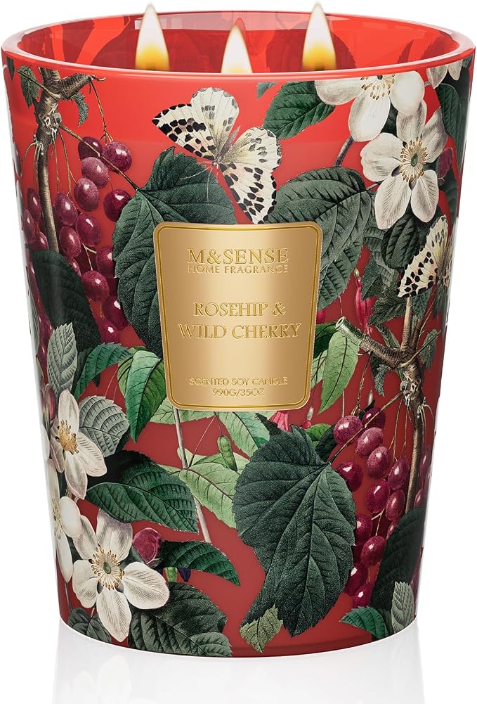 M&SENSE Wild Cherry Soy Large Candles, 3-Wick 35oz 150H Slow Burning, Aromatherapy Candle for Home Fragrance Romantic Gifts for Women