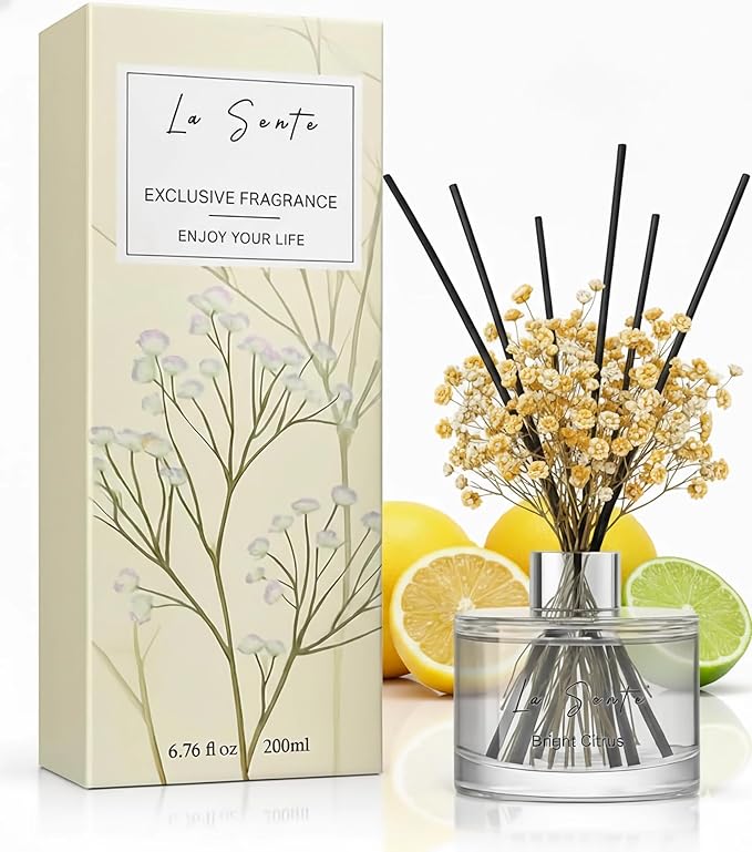 Bright Citrus Reed Diffuser Set for Home & Office - 6.7oz Natural Essential Oil Fragrance with Glass Bottle, Black Rattan Sticks & Preserved Flowers, Long Lasting Scent