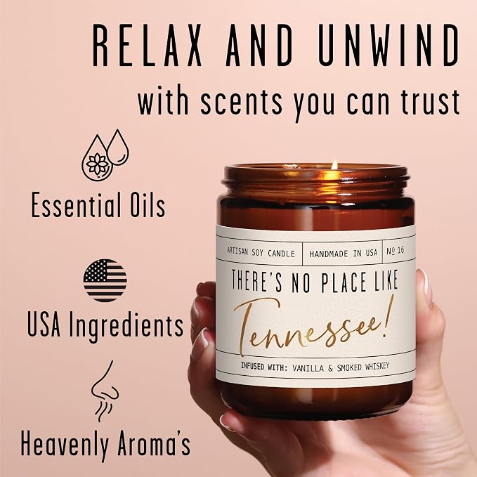 Tennessee Gifts, Tennessee Decor for Home - 'There's No Place Like Tennessee Candle, w/Vanilla & Smoked Whiskey I Tennessee Souvenirs I Tennessee State Gifts I 9oz Jar, 50Hr Burn, USA Made