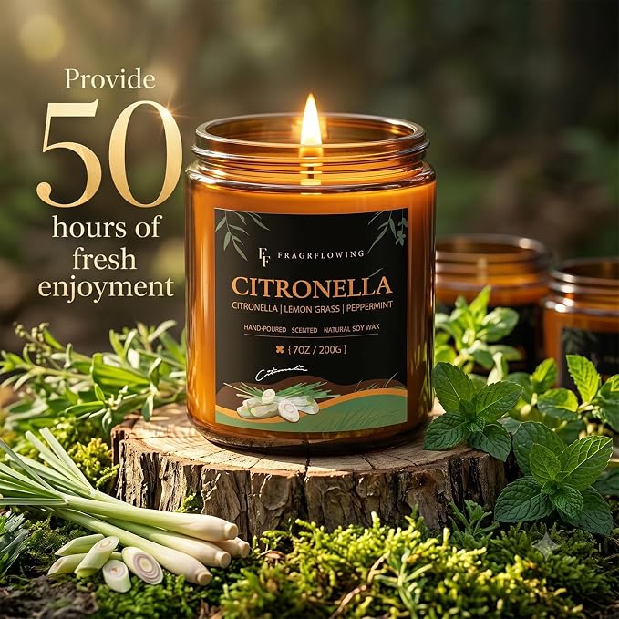 Citronella Candle, Indoor Outdoor Lemongrass Scented Candle，Natural Soy Wax Jar Candle, 50-Hour Burn Time, 7 oz