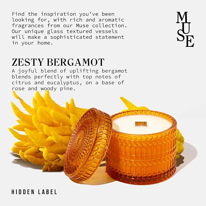 Hidden Label Zesty Bergamot Wood Wick Candle, 7.4oz Soy Wax, Gold Jar, 55H | Uplifting Citrus Scent | Crackling Cherry Wood Wick | 55H Clean Burn Soy Wax | Gold Faceted Decor Jar | Gift-Ready Kraft Box