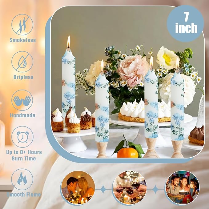 7 inch Short Candle Floral Candle Sticks Printed Candlestick Handmade Unscented Taper Candle 4 Pack Light Blue Flower Tapered Candles for Home Dinner Wedding Holiday