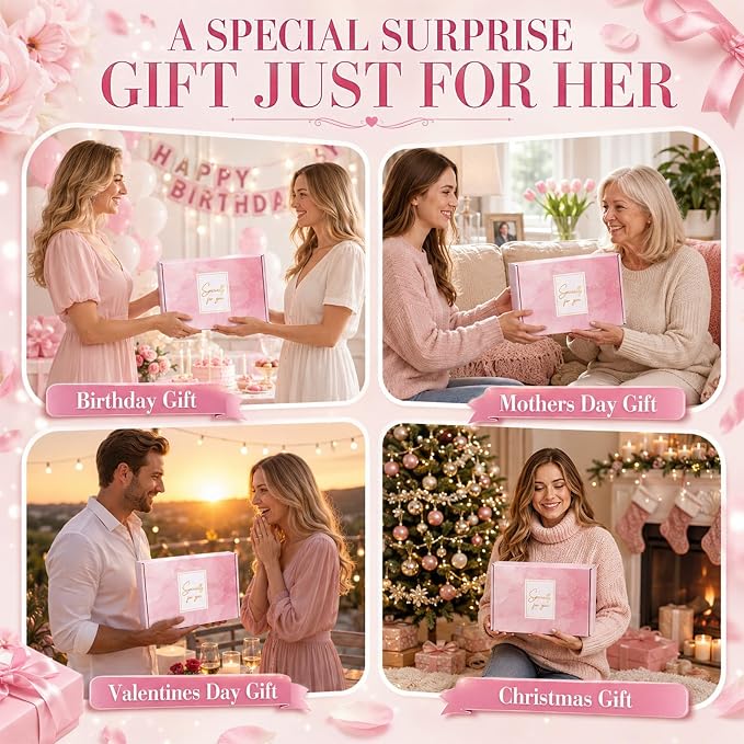gisgfim 14Pcs Birthday Gifts for Women Spa Gift Basket Set Relaxing Home Products Self Care Kit Includes Mirror Socks Steamers Bath Robe for Women Mother's Day Her Friend Sister Wife Grandma (Pink)