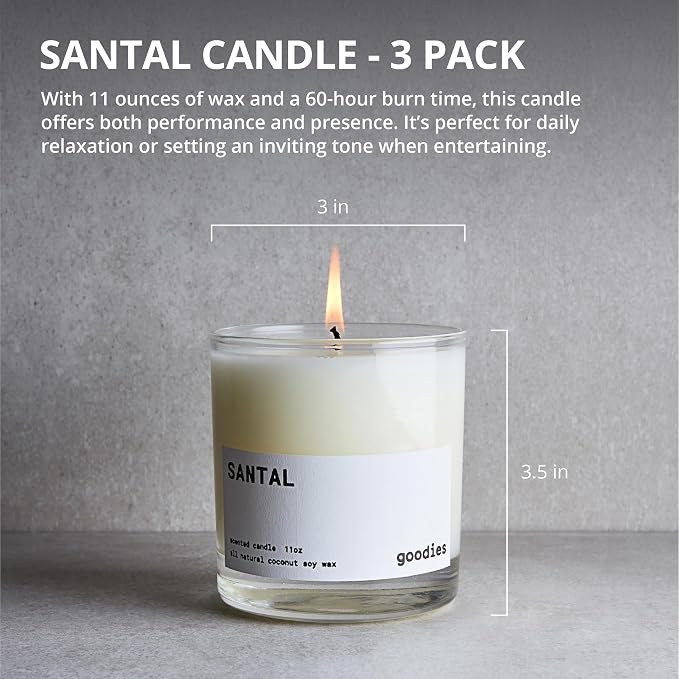 Goodies Premium Santal Scented Candle 3-Pack – Luxury Coconut Soy Wax Blend (11oz Each) – 180-Hour Total Burn Time – Warm Sandalwood, Cardamom & Cedarwood