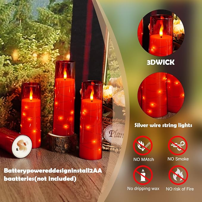 Sasigeiaa Flameless Candles with Embedded Star String - Battery Operated LED Candles, with Remote,12 Red Flickering Candles for Christmas, Weddings, Home Decor & Party,(D 2.3"×H 5" 6" 7")