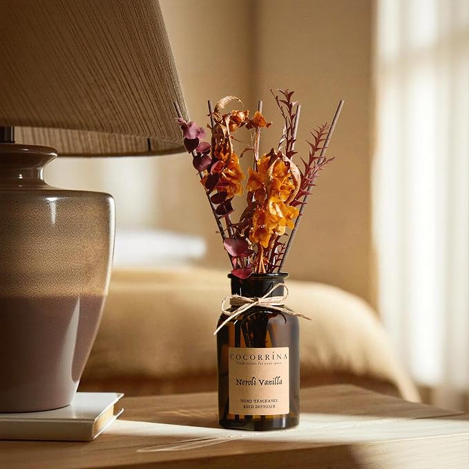 Cocorrína Reed Diffuser Set, 6.7oz Flower Reed Diffuser with Real Preserved Flowers - Neroli Vanilla Scented Oil & Sticks - Long Lasting Home Fragrance for Bedroom Bathroom Shelf Decor