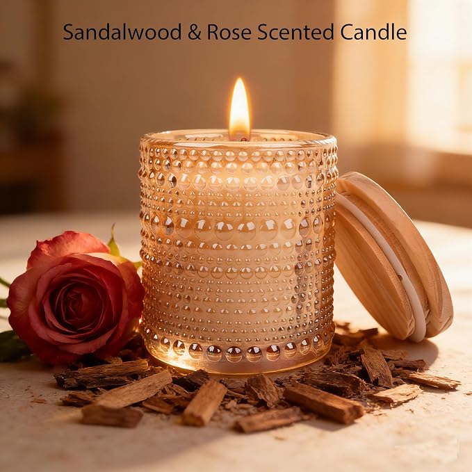 Sandalwood & Rose Candle, Candles for Home Scented, Luxury Jar Candles for Women, Rose Scented Candle, Candles Gifts for Women, Natural Soy Wax, 6 oz 40 Hours