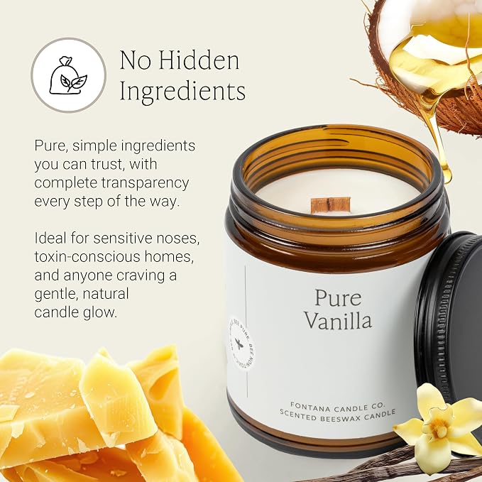 Fontana Candle Co Wood Wick Beeswax Jar Candle, Vanilla – Made Safe with Coconut Oil & Pure Essential Oils – 35+ Hrs Clean Burn, Long Lasting and Non-Toxic Candles for Home & Room Decor