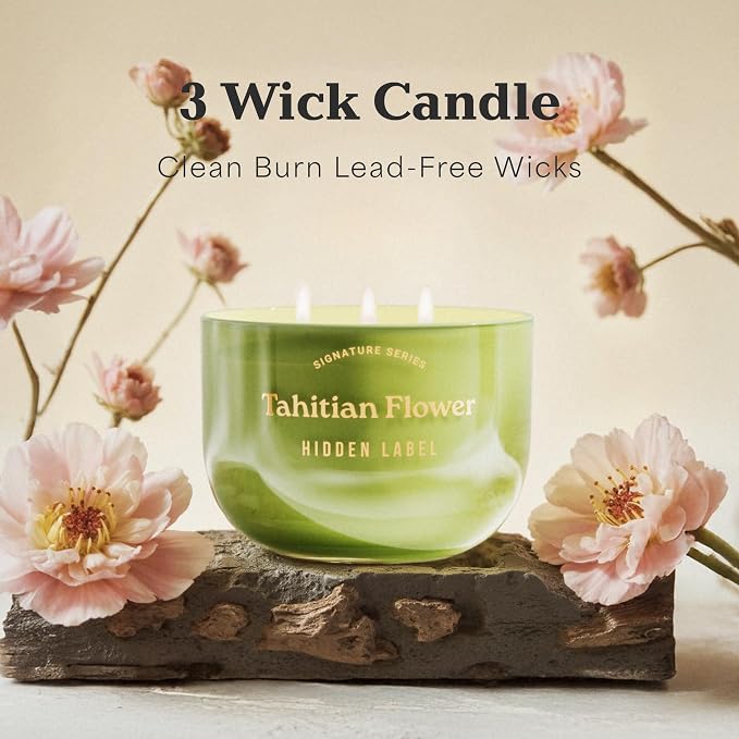 Hidden Label Tahitian Flower Scented Candles, 3 Wick Aromatherapy Soy Candle, 18oz/70-Hour Burn, Non Toxic Natural Green Candle, Luxury Home Scent & Décor Gift for Women and Men