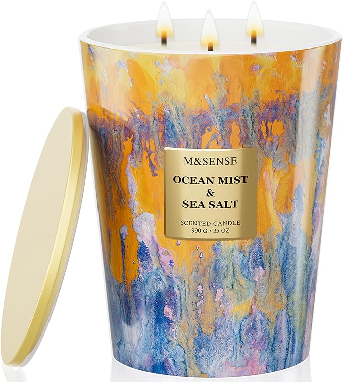 M&SENSE Large 3-Wick Ocean Scented Soy Candle, 35oz | 150 Hours, Non-Toxic, Fresh Summer Spa Home Fragrance, Decorative Relaxing, Home Decor