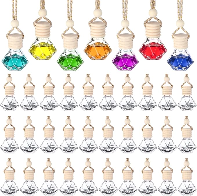 60 Pcs Hanging Car Air Freshener Car Diffuser Bottle Empty Glass Perfume Bottles Air Freshener Diffuser Bottle Pendant for Essential Oils Fragrance Aromatherapy Ornament Decor (Classic Style)
