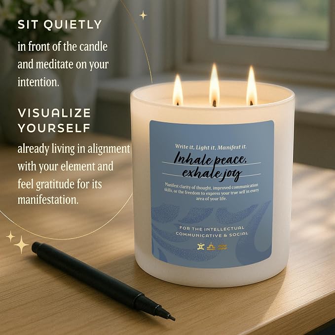Large 14.5oz 3 Wick Zodiac Air Aquarius Gemini Libra Zodiac Gifts for Women - 60 Hour Burn - Astrology Gifts for Women, Healing Manifestation Spiritual Candles, Intention Meditation Candle