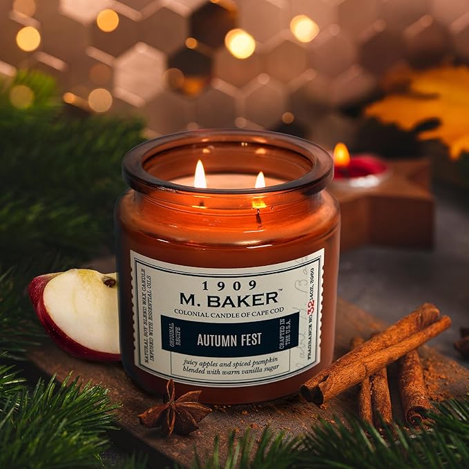 Colonial Candle Autumn Festival Scented Candle, 2-Wick Natural Soy Blend Wax Candle Infused with Essential Oils, 14 oz Apothecary Glass Jar Candle - Made in The USA