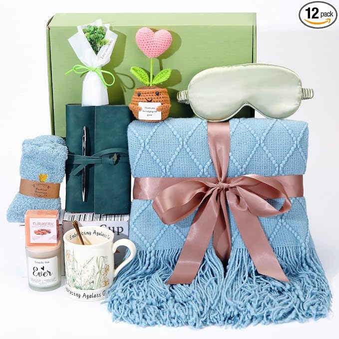 Sending Hugs Self-Care Gift Basket, Spa Relaxation Gifts for Women Her - Cozy Plush Throw, Inspirational Mug, Scented Candle & Journal for Get Well Soon, New Mom, Best Friend, Birthday (Aqua)
