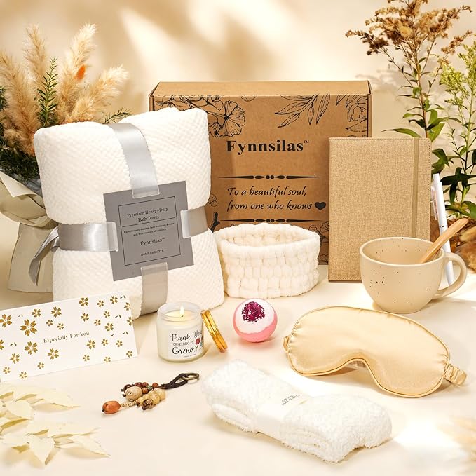 Stress Relief Spa Gift Box for Women – 12pc Self Care Set w/ Oud Wood Candle, Blanket, Bath Bombs, Eye Mask, Fuzzy Socks | Birthday Get Well Thinking of You Gift