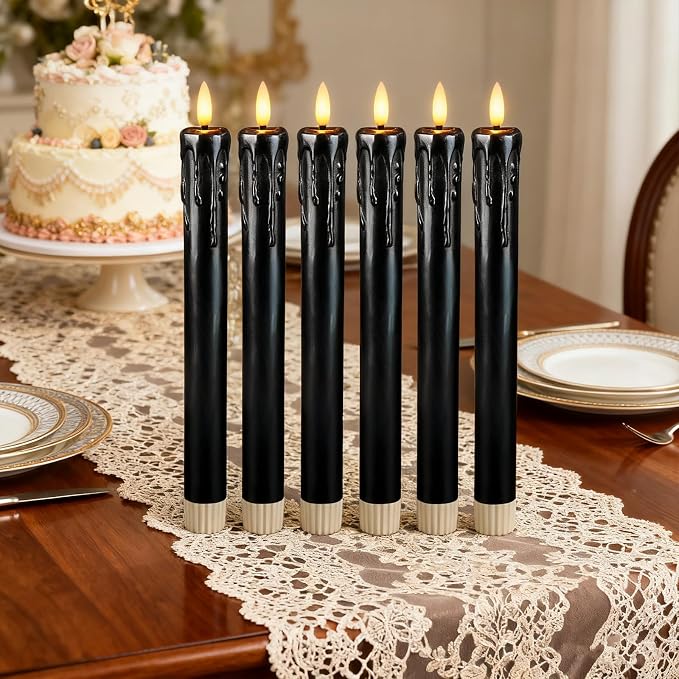 Lezonic Black Flameless Taper Candles Battery Operated with Remote, Long LED Candlesticks Flickering Real Wax Set of 6, 9.5 inch Battery Candles with Realistic 3D Flame for Halloween