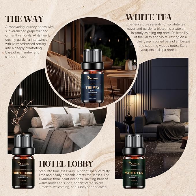 Hotel Diffuser Oils Gift Set, Essential Oils for Diffusers for Home, Luxury Fragrance Oil Set, Candle & Soap Making Scents, Jasmine & Mint, White Tea, The Way, Dream State, Hotel Lobby, Crystallé