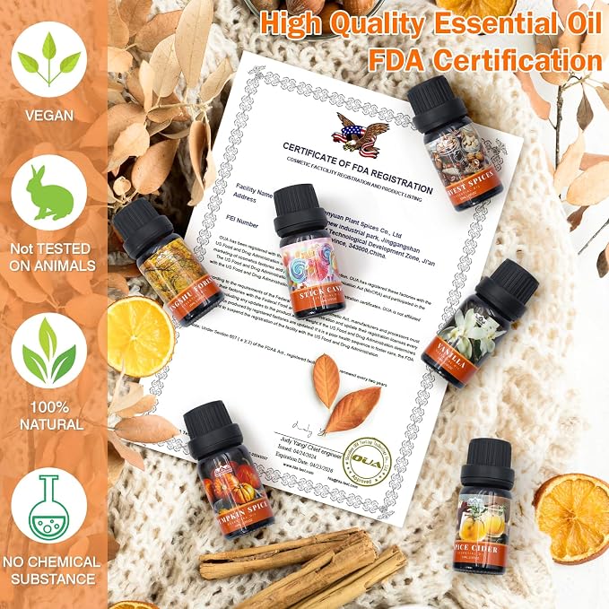 Autumn Essential Oils for Diffuser for Home, Aromatherapy Oils Diffusers Scents for Humidifier, Soap & Candle Making, Pumpkin Spice, Harvest Spices and Vanilla Fragrance Oils Set for Gifts(6×10ml)