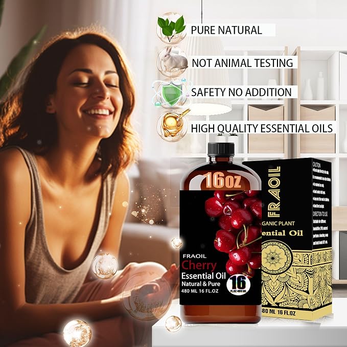 Cherry Essential Oil, Cherry Oil 16 Fl Oz 480 ML for Diffuser Humidifier Yoga Cleaning DIY Candle Soap Making Perfume Gift for Women Essential Oils FRAOIL (Cherry 16 Fl Oz (Pack of 1))