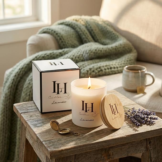 LH Lavender Candles for Home Scented - 10.6oz Aromatherapy Candles for Sleep and Stress Relief - Natural Soy Wax Non-Toxic Organic Candle - Lavender Vanilla Highly Scented Spa Candles Gift for Women